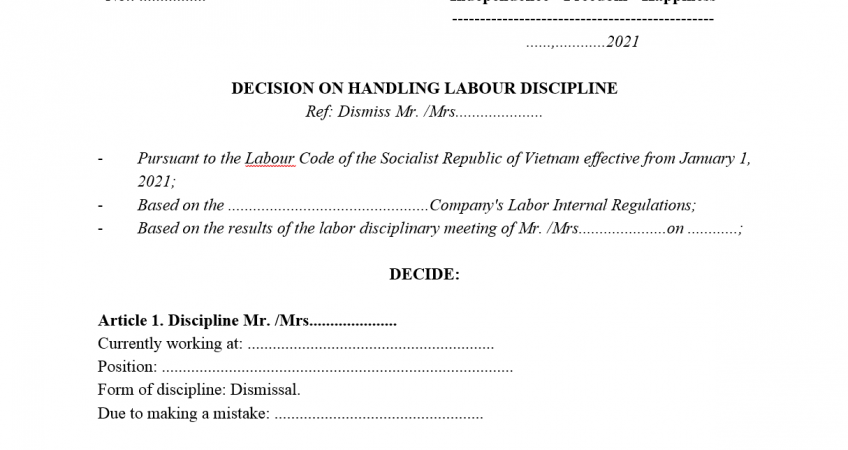 Form Of Labour Dismissal Decision 2021 in Vietnam
